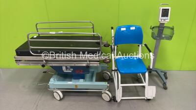 1 x Marsden Wheelchair Weighing Scales, 1 x Anetic Aid QA2 Hydraulic Patient Couch with Cushions (Incomplete - See Pictures) and 1 x Datascope Duo Patient Monitor on Stand (Powers Up)