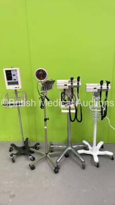 1 x Datascope Accutorr Plus Vital Signs Monitor on Stand (Powers Up, Damaged - See Photo) , 2 x Welch Allyn Otoscope / Ophthalmoscope Sets on Stands (1 x Powers Up) with 4 x Handpieces and 4 x Heads and 1 x Blood Pressure Meter on Stand