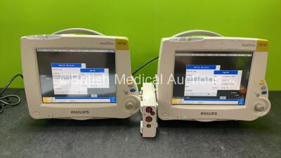 2 x Philips IntelliVue MP30 Patient Monitors with 1 x Philips M3012A Module Including Press and Temp Options (Both Power Up, Cracked Casing to Module-See Photo)