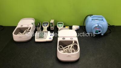 Mixed Lot Including 2 x Philips Respironics InnoSpire Deluxe Nebulisers (Both with Damaged Casing and Missing Lids - See Photos) 1 x Medix Econoneb Nebuliser, 1 x Omron 705IT BP Monitor, 3 x Welch Allyn Thermometers, 1 x G Rutter RS8 Nerve Stimulator and 