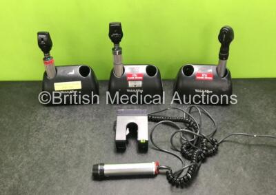 Job Lot Including 3 x Welch Allyn Ophthalmoscope / Otoscope Charging Stations, 2 x Welch Allyn Ophthalmoscope / Otoscope Handles with 2 x Attachments, 1 x Keeler Ophthalmoscope / Otoscope Handle with 1 x Attachment and 1 x Keeler Ophthalmoscope / Otoscope