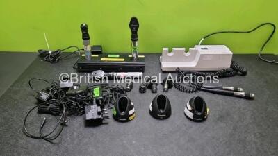 Job Lot Including 1 x Keeler Standard, 2 x Keeler Vista 20 Ophthalmoscopes / Otoscopes with Stand and Attachments, 1 x Welch Allyn 767 Series Ophthalmoscope / Otoscope with 2 x Attachments and 3 x Welch Allyn 71940 Charging Stands with Power Supplies *071