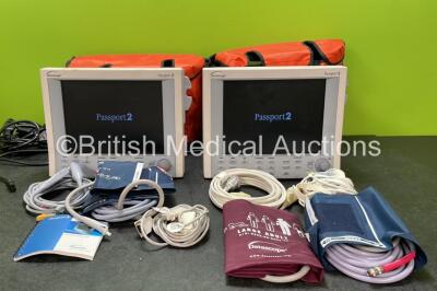 2 x Datascope Passport 2 Patient Monitors Including ECG, SpO2, T1, IBP1, IBP2, CO2 Input, C02 Exhaust and Printer Options with Various Monitoring Cables in 2 x Carry Bags (Both Power Up)