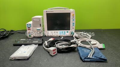 GE Datex Ohmeda F-FM-01 Patient Monitor with 1 x GE Type N-FCREC-00 Module with Mini D-fend Water Trap, 1 x GE Type E-PSMP-00 Module Including ECG, SpO2, T1, T2, P1, P2 and NIBP Options, 2 x Batteries and Various Patient Monitoring Cables