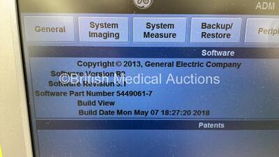 GE Logiq S8 Flat Screen Ultrasound Scanner Ref 5478058 *S/N 248981SU3* **Mfd 11/2013** Software Version R2 Software Revision 3.1 (Powers Up - Some Marks to Casing - See Photos) - 8