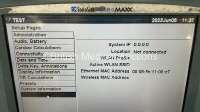 SonoSite MIcroMaxx Portable Ultrasound Scanner Ref P06468-11 *S/N 037GNW* **Mfd 12/2006** Boot Version 30.80.306.030 ARM Version 30.80.306.030 with 1 x Transducer / Probe (P17/5-1 MHz Ref P06073-12 *Mfd 12/2006*) on SonoSite Stand (Powers Up - Missing But - 6