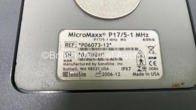 SonoSite MIcroMaxx Portable Ultrasound Scanner Ref P06468-11 *S/N 037GNW* **Mfd 12/2006** Boot Version 30.80.306.030 ARM Version 30.80.306.030 with 1 x Transducer / Probe (P17/5-1 MHz Ref P06073-12 *Mfd 12/2006*) on SonoSite Stand (Powers Up - Missing But - 8