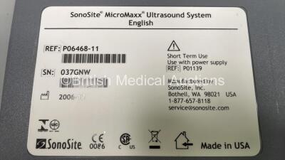 SonoSite MIcroMaxx Portable Ultrasound Scanner Ref P06468-11 *S/N 037GNW* **Mfd 12/2006** Boot Version 30.80.306.030 ARM Version 30.80.306.030 with 1 x Transducer / Probe (P17/5-1 MHz Ref P06073-12 *Mfd 12/2006*) on SonoSite Stand (Powers Up - Missing But - 9