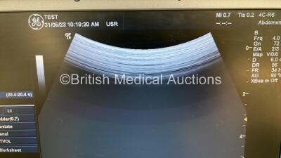 GE Logiq E Portable Ultrasound Scanner Software Version - R5.2.2 with 1 x GE 4C-RS Transducer / Probe *Mfd - Feb 2010* on Logiq Isolation Cart (Powers Up) *Mfd - March 2010* * SN 141547WX0* - 5