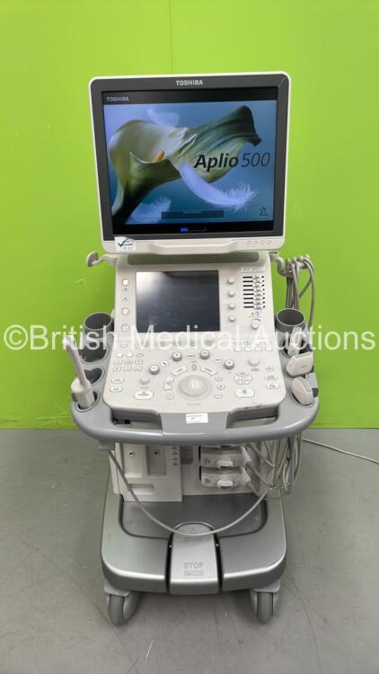 Toshiba Aplio 500 TUS-A500 Flat Screen Ultrasound Scanner *S/N T1E13Y4781* **Mfd 2013** Software Version AB_V3.00*R005 with 4 x Transducers / Probes (PVT-674BT *Mfd 04/2020* / PVT-375BT *Mfd 2010* / PLT-704SBT *Mfd 2013* and PVT-781VT *Mfd 2017*) and Sony