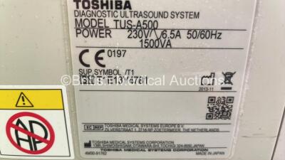 Toshiba Aplio 500 TUS-A500 Flat Screen Ultrasound Scanner *S/N T1E13Y4781* **Mfd 2013** Software Version AB_V3.00*R005 with 4 x Transducers / Probes (PVT-674BT *Mfd 04/2020* / PVT-375BT *Mfd 2010* / PLT-704SBT *Mfd 2013* and PVT-781VT *Mfd 2017*) and Sony - 9