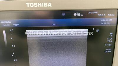 Toshiba Aplio 500 TUS-A500 Flat Screen Ultrasound Scanner *S/N T1E13Y4781* **Mfd 2013** Software Version AB_V3.00*R005 with 4 x Transducers / Probes (PVT-674BT *Mfd 04/2020* / PVT-375BT *Mfd 2010* / PLT-704SBT *Mfd 2013* and PVT-781VT *Mfd 2017*) and Sony - 15