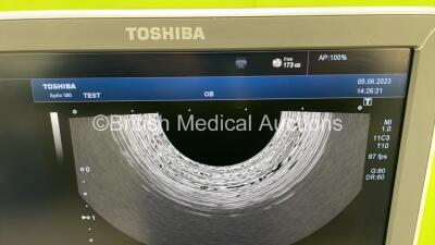 Toshiba Aplio 500 TUS-A500 Flat Screen Ultrasound Scanner *S/N T1E13Y4781* **Mfd 2013** Software Version AB_V3.00*R005 with 4 x Transducers / Probes (PVT-674BT *Mfd 04/2020* / PVT-375BT *Mfd 2010* / PLT-704SBT *Mfd 2013* and PVT-781VT *Mfd 2017*) and Sony - 17