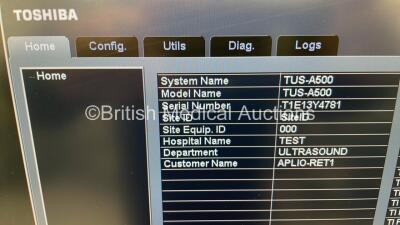 Toshiba Aplio 500 TUS-A500 Flat Screen Ultrasound Scanner *S/N T1E13Y4781* **Mfd 2013** Software Version AB_V3.00*R005 with 4 x Transducers / Probes (PVT-674BT *Mfd 04/2020* / PVT-375BT *Mfd 2010* / PLT-704SBT *Mfd 2013* and PVT-781VT *Mfd 2017*) and Sony - 19