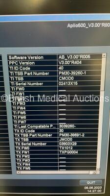 Toshiba Aplio 500 TUS-A500 Flat Screen Ultrasound Scanner *S/N T1E13Y4781* **Mfd 2013** Software Version AB_V3.00*R005 with 4 x Transducers / Probes (PVT-674BT *Mfd 04/2020* / PVT-375BT *Mfd 2010* / PLT-704SBT *Mfd 2013* and PVT-781VT *Mfd 2017*) and Sony - 20