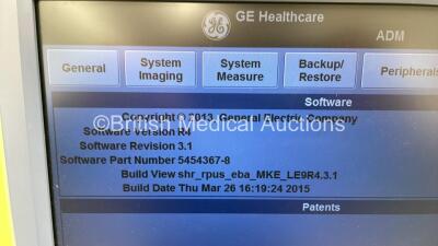 GE Logiq E9 Flat Screen Ultrasound Scanner Ref 5205000-7 *S/N 122479US9* **Mfd 11/2013** Software Version R4 Software Revision 3.1 (Powers Up - Some Damage to Casing and Keyboard Not Parking - See Photos) - 5