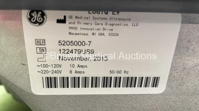 GE Logiq E9 Flat Screen Ultrasound Scanner Ref 5205000-7 *S/N 122479US9* **Mfd 11/2013** Software Version R4 Software Revision 3.1 (Powers Up - Some Damage to Casing and Keyboard Not Parking - See Photos) - 10