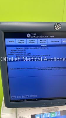 GE Logiq E9 Flat Screen Ultrasound Scanner Ref 5205000-7 *S/N 126048US8* **Mfd 03/2014** Software Version R4 Software Revision 3.0 with 1 x Transducer / Probe (C1-5-D Ref 5261132 *Mfd 03/2014) (Powers Up - Missing Dials / Switches - See Pictures - Keyboar - 10