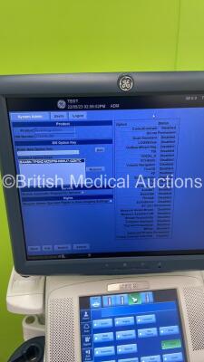 GE Logiq E9 Flat Screen Ultrasound Scanner Ref 5205000-7 *S/N 126048US8* **Mfd 03/2014** Software Version R4 Software Revision 3.0 with 1 x Transducer / Probe (C1-5-D Ref 5261132 *Mfd 03/2014) (Powers Up - Missing Dials / Switches - See Pictures - Keyboar - 11