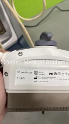 GE Logiq E9 Flat Screen Ultrasound Scanner Ref 5205000-7 *S/N 126048US8* **Mfd 03/2014** Software Version R4 Software Revision 3.0 with 1 x Transducer / Probe (C1-5-D Ref 5261132 *Mfd 03/2014) (Powers Up - Missing Dials / Switches - See Pictures - Keyboar - 14