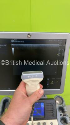 GE Logiq S7 Expert Flat Screen Ultrasound Scanner Ref 5436957 *S/N 193448SU8* **Mfd 09/2012** Software Version R1 Software Revision 0.5 with 2 x Transducers / Probes (C1-5-D Ref 5261135 *Mfd 08/2012* and ML6-15 Ref 536783 *Mfd 2012*) (Power Up - Damaged / - 9