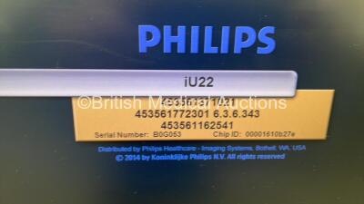 Philips iU22 Flat Screen Ultrasound Scanner Ref 8500-0064-02 *S/N B0G053* **Mfd 2012** on G.1 Cart Software Version 6.3.6.343 with 4 x Transducers / Probes (L9-3 / L17-5 / C10-3v and D2CWC) and Sony UP-D897 DIgital Graphic Printer (Powers Up) ***IR080*** - 17