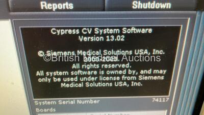 Siemens Medical Acuson Cypress Portable Ultrasound Scanner Model No 08267219 Software Version 13.02 on Stand with Sony SVO-9500MDP Videocassette Recorder , Sony UP-895MD Printer and Power Unit (Powers Up) * SN 73666 * * Mfd 2004 * *IR082* - 3