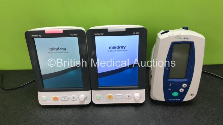 Job Lot Including 2 x Mindray VS-900 Vital Signs Monitors *Mfd 2022 / 2017* (Both Power Up, 1 x Missing Casing - See Photos) and 1 x Welch Allyn Vital Signs Monitor (Powers Up with Low Battery and Damage to Casing - See Photos)