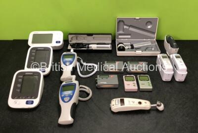 Job Lot Including 3 x Omron BP Monitors (1 x Missing Battery Casing, 1 x Damaged Screen - See Photos) 2 x Welch Allyn SureTemp Plus Thermometers, 2 x Welch Allyn Pro 6000 Thermometers, 1 x Braun 6021 ThermoScan Thermometer, 5 x Novacor Monitors, 1 x Heine