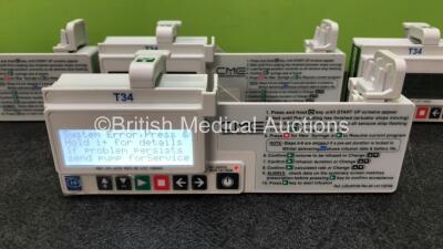 6 x CME Medical T34 Ambulatory Syringe Pumps (All Power Up with Stock Battery Stock Battery Not Included, All Need Service, 1 x Missing Battery Cover - See Photos) - 5