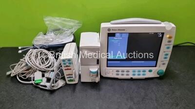 GE F-FM-01 Patient Monitor (Powers Up) with 1 x GE E-PSMP-00 Module Including ECG, SpO2, T1, T2, P1, P2 and NIBP Options, 1 x GE Type N-FREC-00 Module with Mini D-fend Water Trap and Job Lot of Patient Monitoring Cables