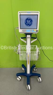 GE B40 Patient Monitor Including ECG, NIBP, SpO2, T1, T2, IBP1 and IBP2 Options with SpO2 and ECG Leads on Stand (Powers Up)