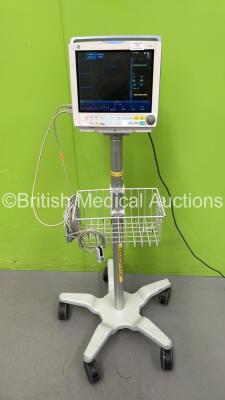 GE B40 Patient Monitor Including ECG, NIBP, SpO2, T1, T2, IBP1 and IBP2 Options with SpO2 and ECG Leads on Stand (Powers Up)