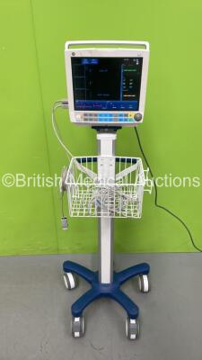 GE B40 Patient Monitor Including ECG, NIBP, SpO2, T1, T2, IBP1 and IBP2 Options with SpO2 and ECG Leads on Stand (Powers Up)