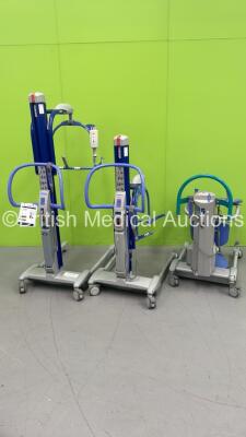 2 x Arjohuntleigh Maxi Move Patient Hoists with Batteries and Controllers (Both Power Up) and 1 x Arjo Sara Plus Hoist with Controller (No Battery)