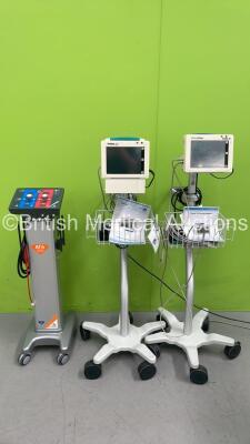 2 x Welch Allyn ProPaq CS Patient Monitors on Stands and 1 x Anetic Aid AT4 Tourniquet System with Hoses (All Power Up)