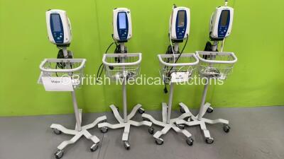 4 x Welch Allyn SPOT Vital Signs Monitors on Stands with Selection of Cables (All Powers Up)