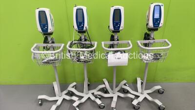 4 x Welch Allyn SPOT Vital Signs Monitors on Stands with Selection of Cables (All Powers Up)