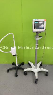 1 x Philips IntelliVue MP5 Patient Monitor on Stand with Press, Temp, NBP, SPO2, ECG/Resp and CO2 Microstream Options (Powers Up - Damaged - See Pictures) and 1 x Daray Patient Examination Lamp (No Power) *S/N DE580A5302*