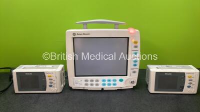 Job Lot Including 1 x GE Datex Ohmeda Patient Monitor (Powers Up with Blank Screen, Missing Dial and Damage-See Photo) 2 x Philips IntelliVue X2 Hand Held Patient Monitors Including ECG, SpO2, NBP, Press and Temp Options (Both Untyested with Damage-See Ph