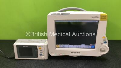 Philips IntelliVue MP30 Anesthesia Touch Screen Patient Monitor (Powers Up with Crack in Casing - See Photos) with 1 x Philips IntelliVue X2 Handheld Patient Monitor Including ECG, SpO2, NBP, Temp and Press Options (Powers Up) *SN DE72862545 / DE83621792*