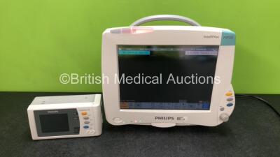 Philips IntelliVue MP50 Touch Screen Patient Monitor with 1 x Philips IntelliVue X2 Handheld Patient Monitor Including ECG, SpO2, NBP, Temp and Press Options (Both Power Up) *SN DE82072205 / DE83621860*