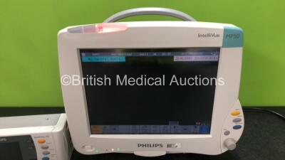 Philips IntelliVue MP50 Touch Screen Patient Monitor with 1 x Philips IntelliVue X2 Handheld Patient Monitor Including ECG, SpO2, NBP, Temp and Press Options (Both Power Up) *SN DE82072205 / DE83621860* - 2
