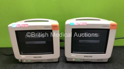 2 x Philips IntelliVue MP5 Patient Monitors Including ECG, NBP and SpO2 Options (Both Power Up, 1 x Damaged Casing - See Photos) *SN DE74808070 / DE74808055*