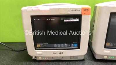 2 x Philips IntelliVue MP5 Patient Monitors Including ECG, NBP and SpO2 Options (Both Power Up, 1 x Damaged Casing - See Photos) *SN DE74808070 / DE74808055* - 2