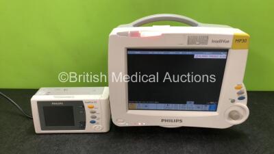 Philips IntelliVue MP30 Touch Screen Patient Monitor (Powers Up) with 1 x Philips IntelliVue X2 Handheld Patient Monitor Including ECG, SpO2, NBP, Temp and Press Options (Powers Up with Crack in Casing) *SN DE95040920 / DE72873787*
