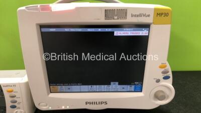 Philips IntelliVue MP30 Touch Screen Patient Monitor (Powers Up) with 1 x Philips IntelliVue X2 Handheld Patient Monitor Including ECG, SpO2, NBP, Temp and Press Options (Powers Up with Crack in Casing) *SN DE95040920 / DE72873787* - 2
