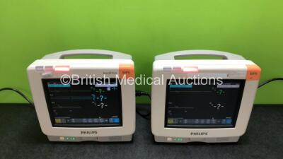 2 x Philips IntelliVue MP5 Patient Monitors Including ECG, NBP and SpO2 Options (Both Power Up, 1 x Damaged Casing - See Photos) *SN DE74808053 / de74808048*