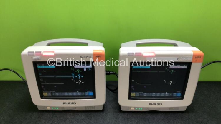 2 x Philips IntelliVue MP5 Patient Monitors Including ECG, NBP and SpO2 Options (Both Power Up, 1 x Damaged Casing - See Photos) *SN DE74808053 / de74808048*