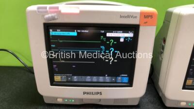 2 x Philips IntelliVue MP5 Patient Monitors Including ECG, NBP and SpO2 Options (Both Power Up, 1 x Damaged Casing - See Photos) *SN DE74808053 / de74808048* - 2